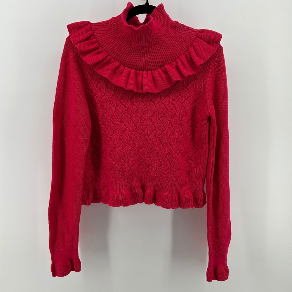 French Connection Mozart Camilla Ruffle Mock Neck Cropped Sweater Pink L NWT